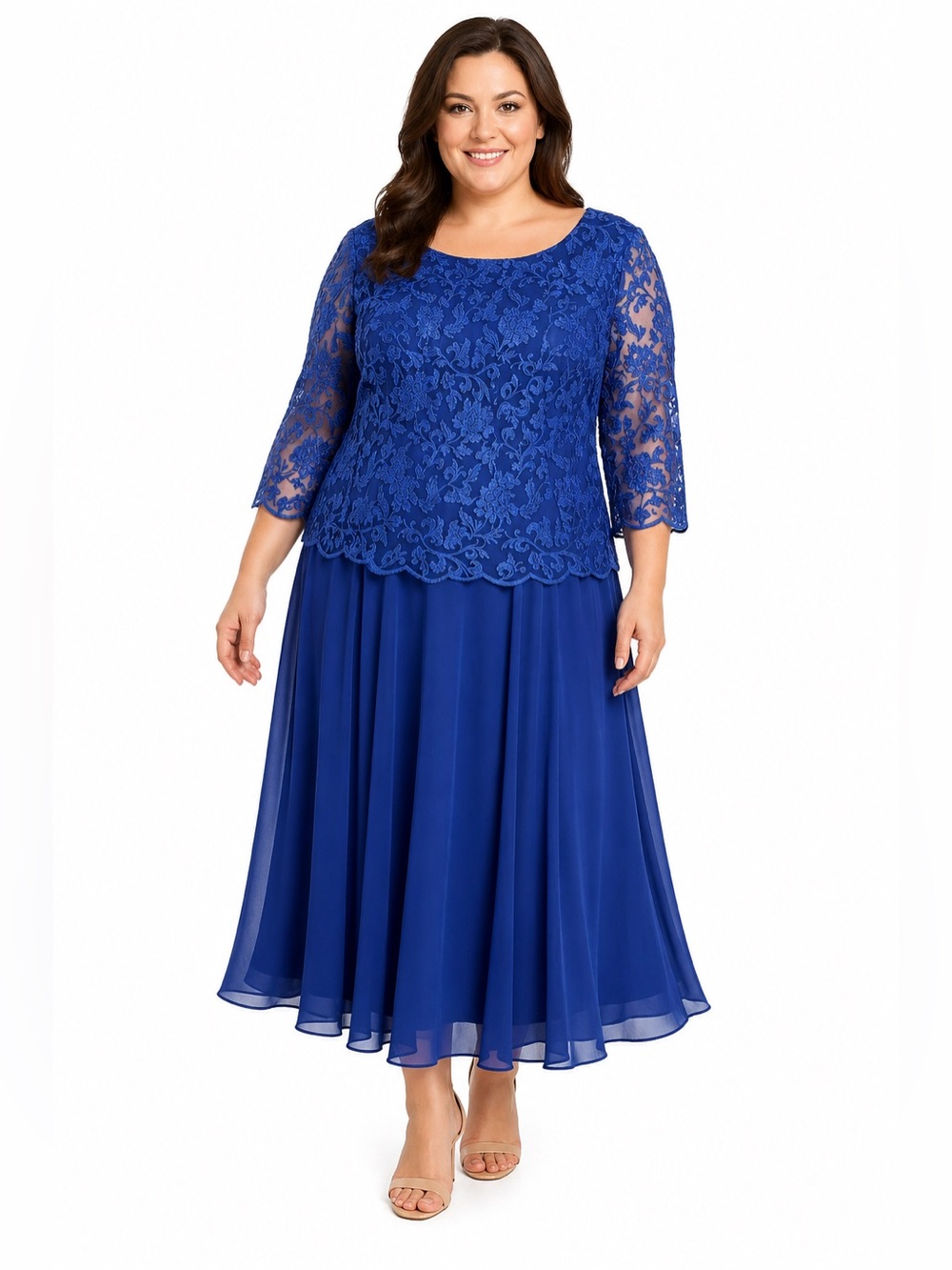 Alex Evenings Blue Lace Chiffon Midi Dress 20W Plus Formal Wedding Embroidered